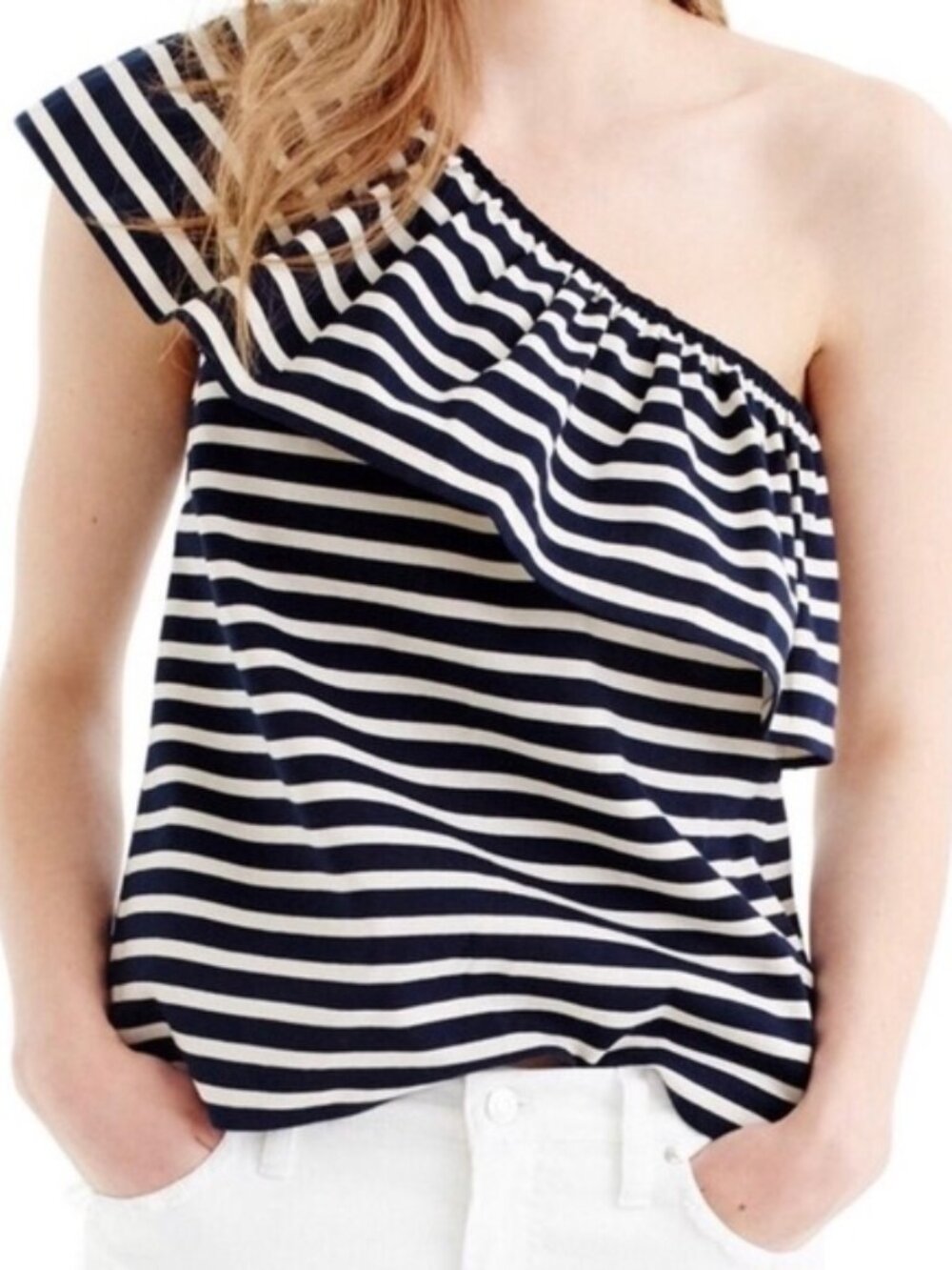 J. CREW new Navy and White Striped One-Shoulder Top size M